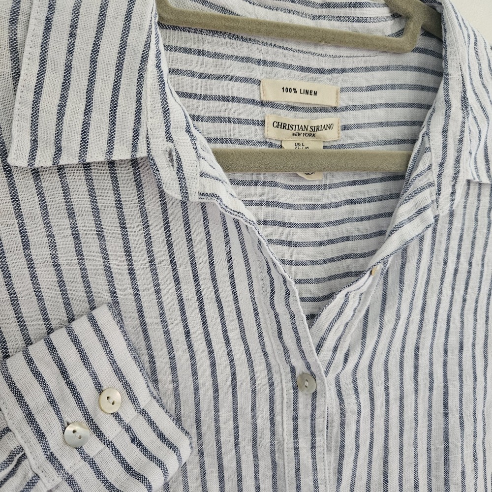 Christian Siriano L Womens Linen Striped Button Down Blue White Nautical Coastal - Picture 2 of 8